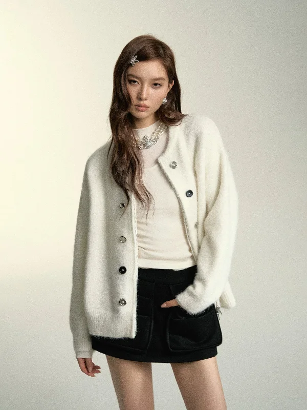 trendy puffer coatGray & White Double-Breasted Zip-Up Cardigan