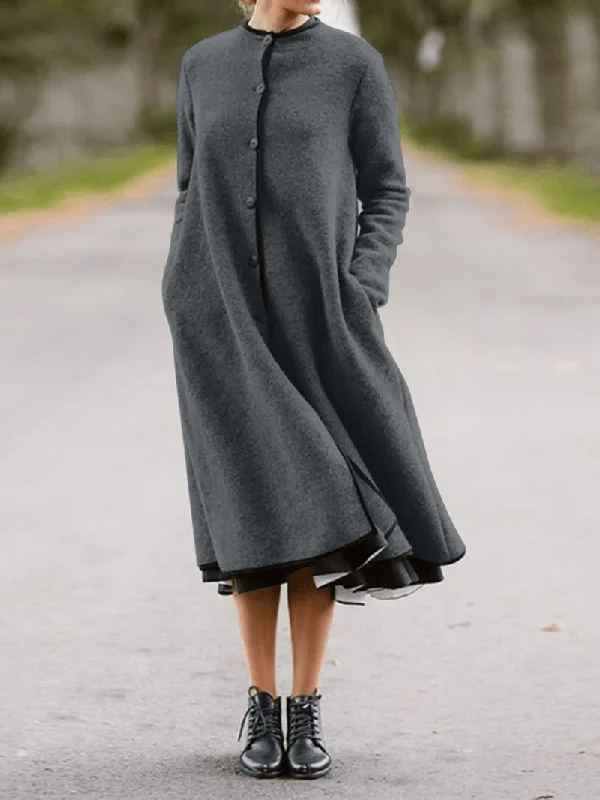 Mega Deal boho-chic dressWomen Solid Color Button up Long Sleeve Vintage Dresses with Side Pocket
