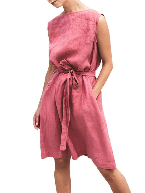 Super Sale office dressSolid Belted Sleeveless Dress