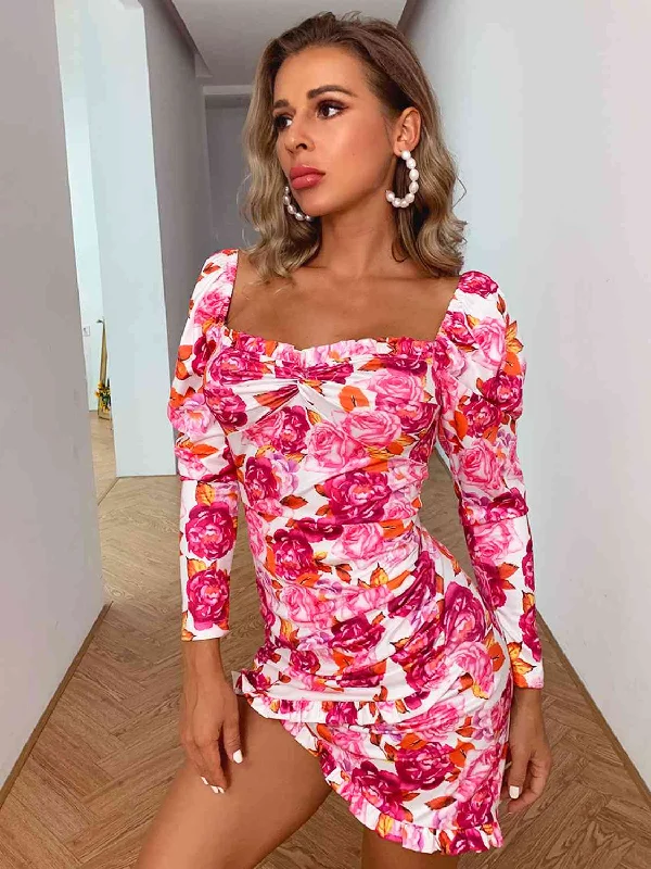 Clearance Event cocktail dressFloral Ruched Leg-Of-Mutton Sleeve Dress