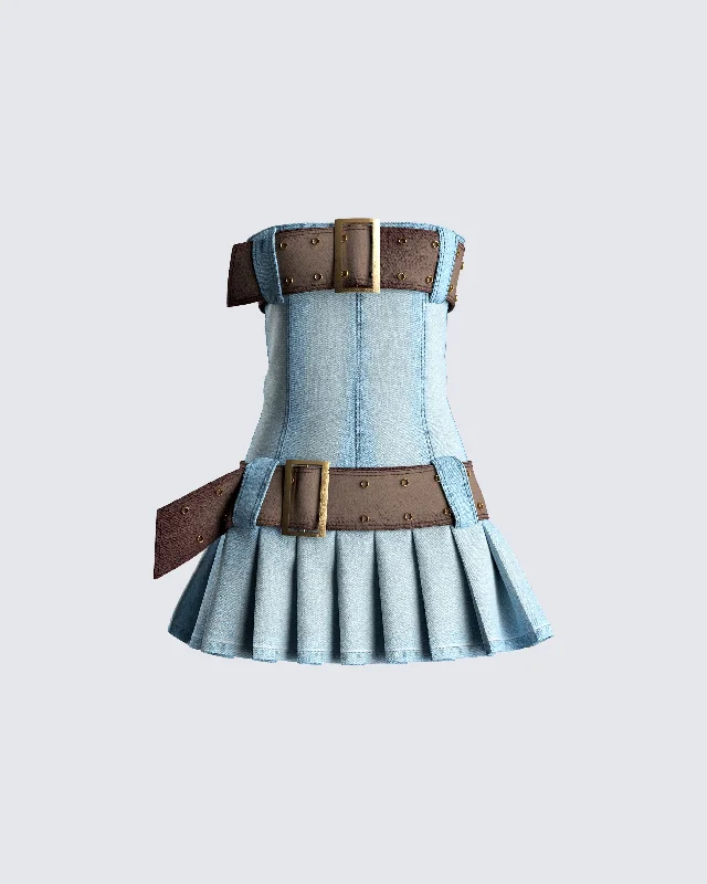 Price Rollback shift dressCambry Blue Pleated Denim Dress