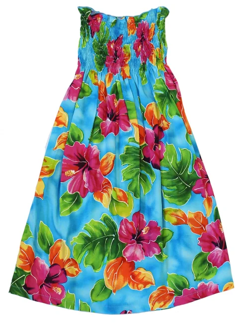 Special Discount 109R - Two Palms Girls Hawaiian Dress Hibiscus Watercolors Blue