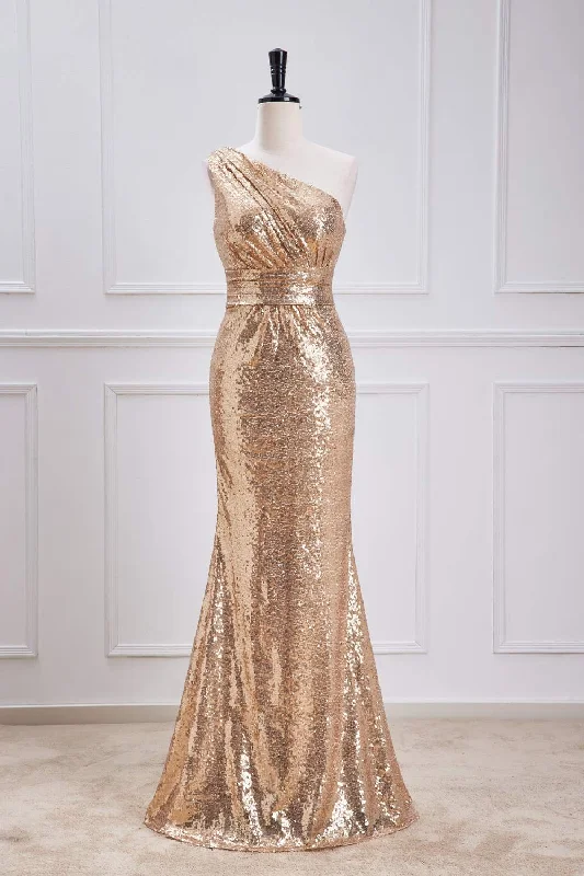 Savings Bonanza bohemian dressGold One-Shoulder Sequins Mermaid Long Bridesmaid Dress