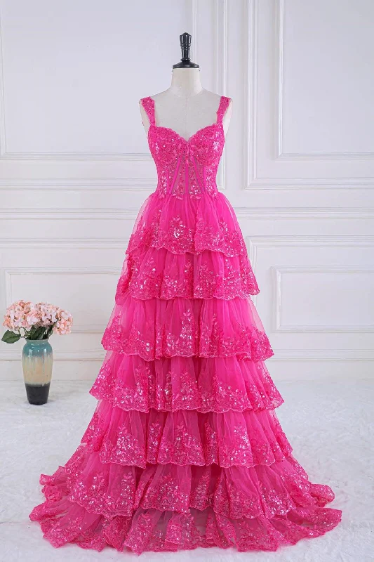 Deal Explosion elegant evening dressHot Pink Sequined Floral Layers Long Prom Dress