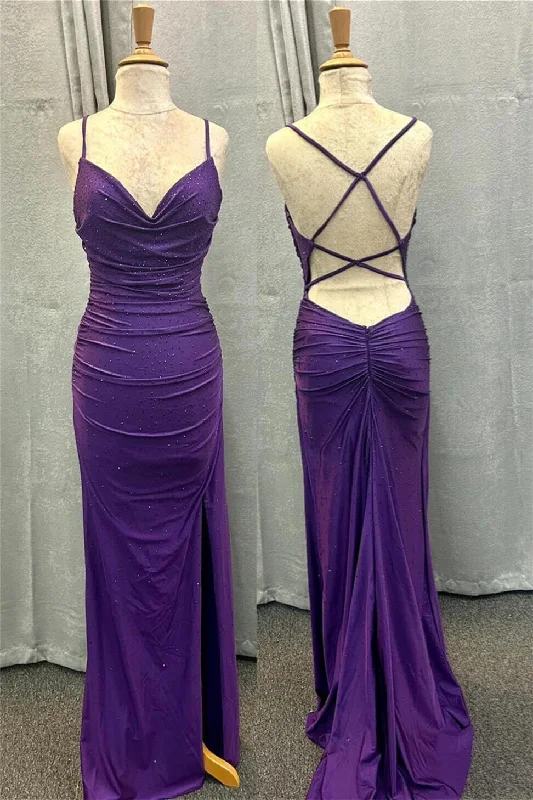 Grand Opening Sale sleeveless dressPurple Cowl Neck Mermaid Satin Long Prom Dress with Slit