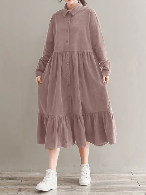 Price Reduction flowy maxi dressWomen Corduroy Casuallace-Up Ruffles Hem Loose Full Sleeve Mid-Calf Length Midi Dress