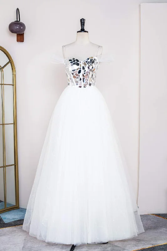 Daily Deals floral wrap dressWhite Strapless Mirror-Cut Sequined Top A-line Long Prom Dress