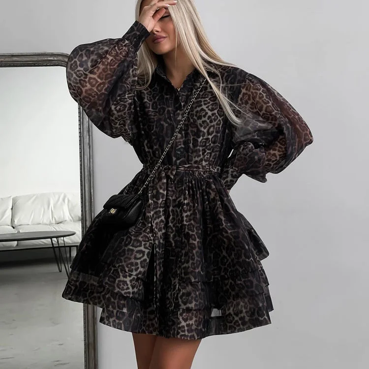 New Markdowns one-shoulder dressChiffon Leopard Print Long Sleeve Dress