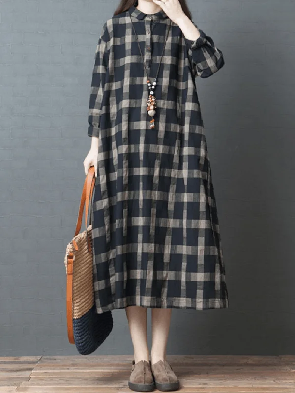 Deal Mania casual shift dressCasual Women Plaid Button Half Sleeve Dress