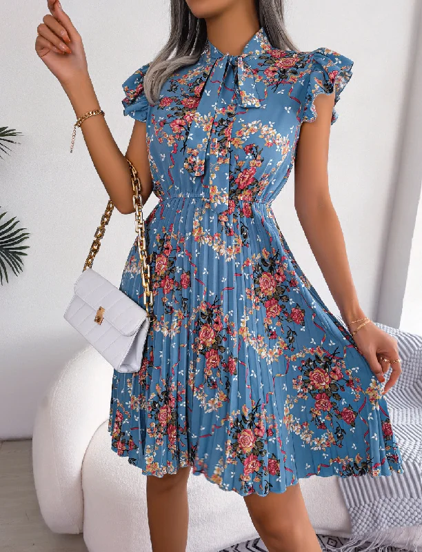 Super Sale elegant maxi dressPleated Floral Printed Tie Neck Knee Length  Short Sleeve Dress