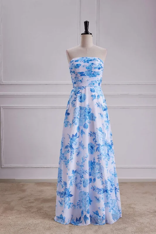 Discount Deals A-line dressBlue Floral Strapless A-line Long Bridesmaid Dress