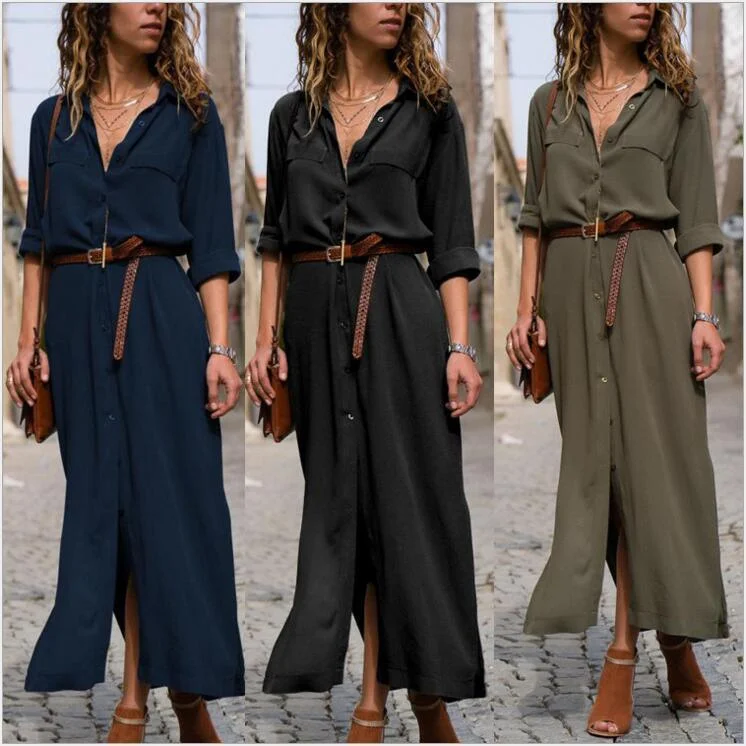 Limited Availability wrap dressWomen's Split Long Dress Skirt - Solid Color, Long Sleeves for Elegant Look