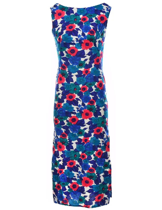 Savings Spectacular comfortable coatFloral Print Blue, Pink & White 1970s Boat Neck Maxi Dress - S