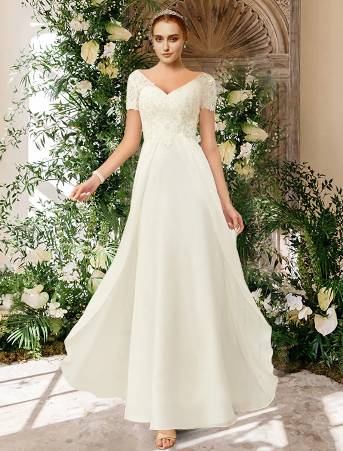 Stock Up and Save Beach Wedding Dresses Floor Length A-Line Short Sleeve V Neck Chiffon With Pleats Appliques