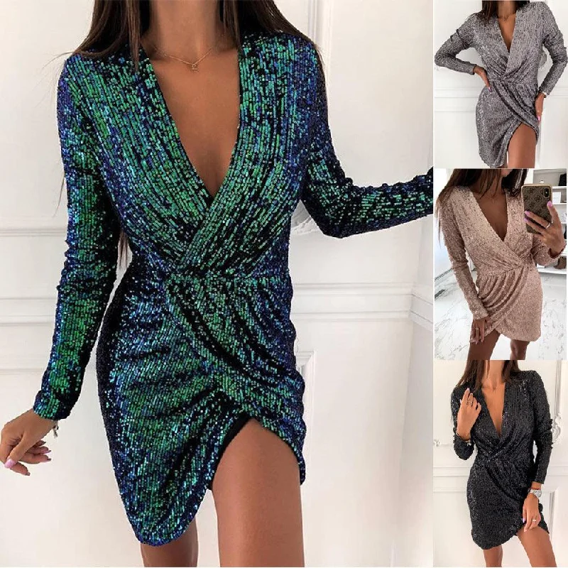 Take Advantage denim dressLadies Sequin Dress Long Sleeve V-Neck Mini Skirt