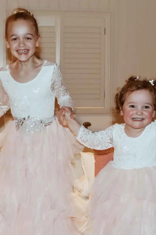 YEAR-End Clearance elegant evening dressWhite &Blush Pink Long Sleeve Backless Multi-Tiered Flower Girl Dress