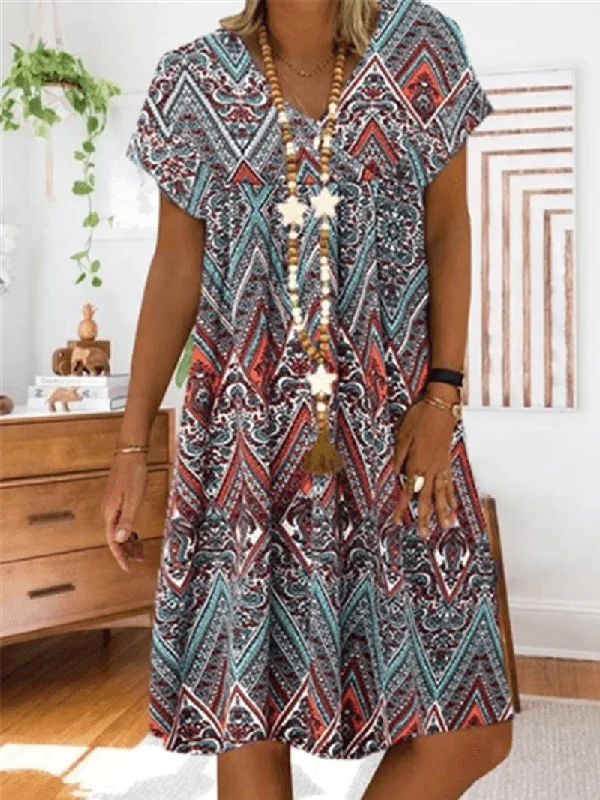 Can't Be Beat cocktail dressFloral Print V-Neck Folk Style Short Sleeve Women Mini Dress
