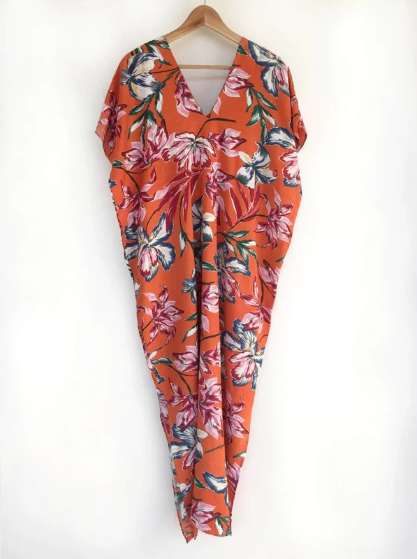 Price Drop Alert Orange Floral Print Kaftan Dress
