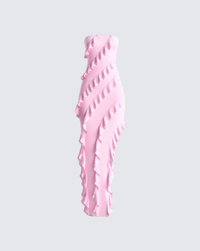 Seasonal Clearance casual evening dressBlanche Pink Mesh Ruffle Dress