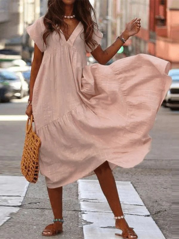 Great Deals knit dress100% Cotton Casual Loose V-Neck Solid Dress for Women