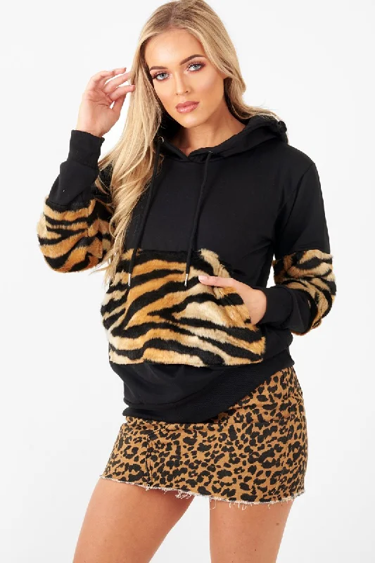 Markdowns graphic pullover with printBlack Faux Tiger Fur Detail Hoodie - Braelyn