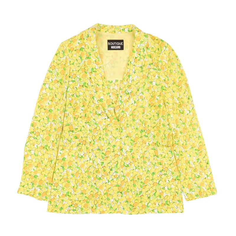 faux fur coatBOUTIQUE MOSCHINO Yellow Lemon Print Silk Blazer