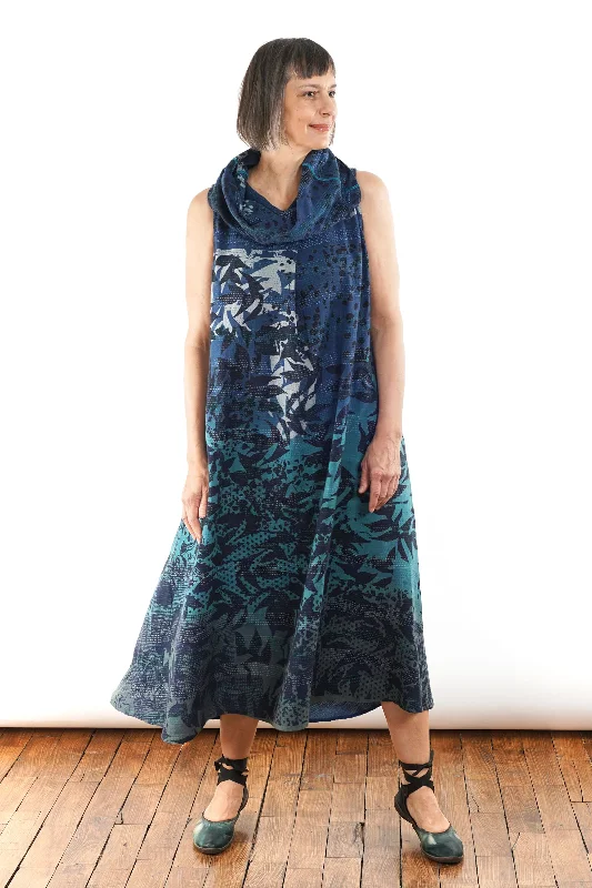 Exclusive Access MONOTONE TWILIGHT PRINT KANTHA COWL NECK MAXI DRESS - tp2438-blu -