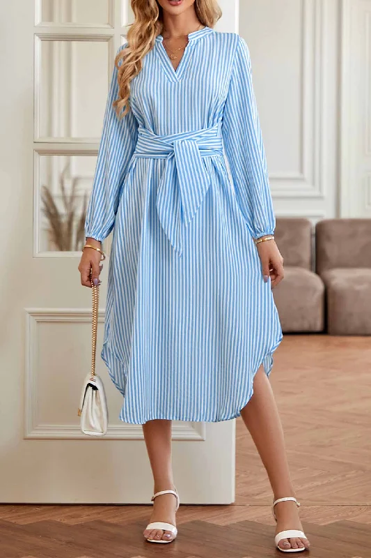 form-fitting dressV Neck Striped Tie Waist Long Sleeve Midi Dress