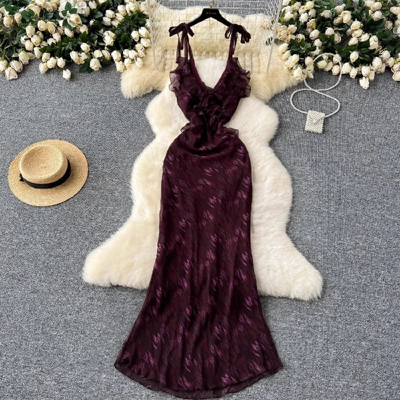 Huge Discounts off-shoulder dressDesign Sense V-neck Flounce Halter Lace-up Waist Trimming Printing Chiffon Dress