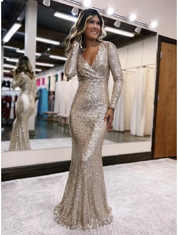 Lowest Prices Evening Gown Sexy Dress Formal Floor Length Long Sleeve V Neck Sequined with