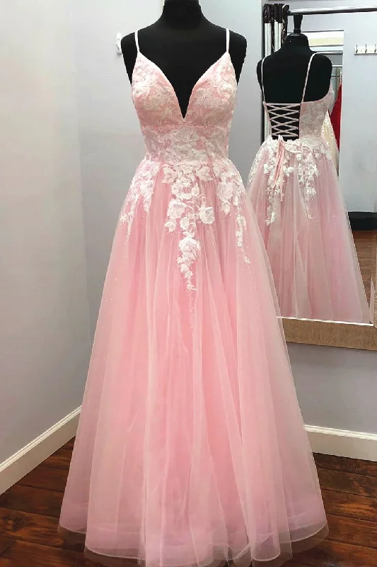 Bonus Savings flowy evening dressElegant V Neck Lace-Up Back Pink Long Prom Dress with Appliques