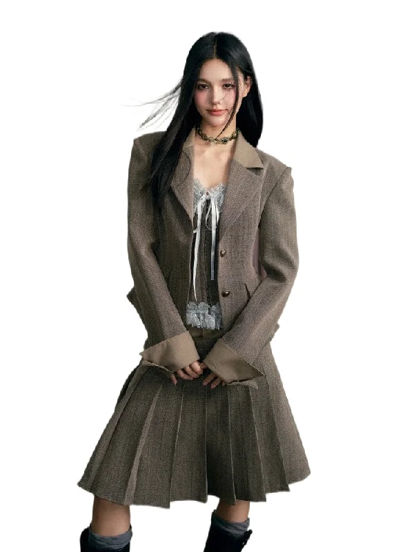 insulated coatBrown Shawl Collar Jacket & Skirt Set