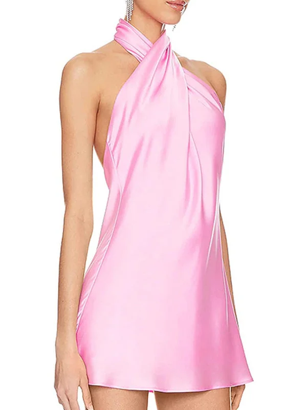 Deal of the Week satin midi dressSlim fit crossover sleeveless backless halterneck dress