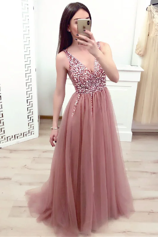 Year-End Sale flowy maxi dressBlush Pink Beaded Long Prom Dress with Slit