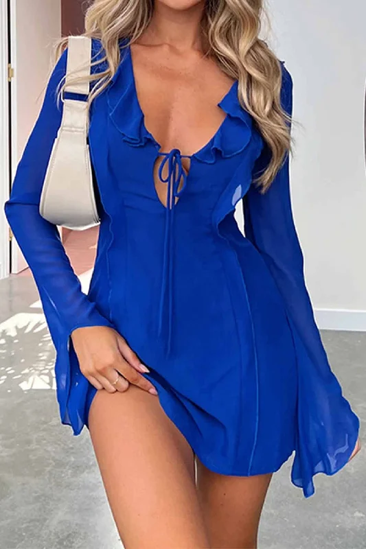 cocktail dressRuffled Long Sleeved Lace Up Mini Dress