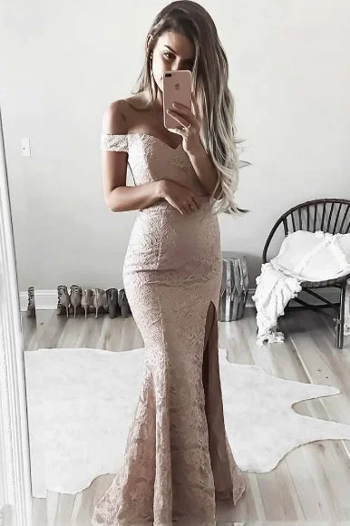 Incredible Offers sleek dressElegant Off Shoulder Mermaid Pink Lace Bridesmaid Dress with Slit