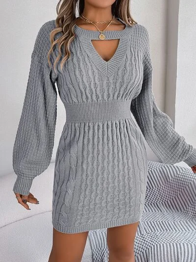 Super Sale draped dressCable-Knit Cutout Round Neck Slit Long Sleeve Sweater Dress