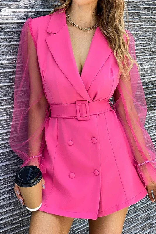 pleated maxi dressMesh Sleeves Double-breasted Belted Blazer Dress