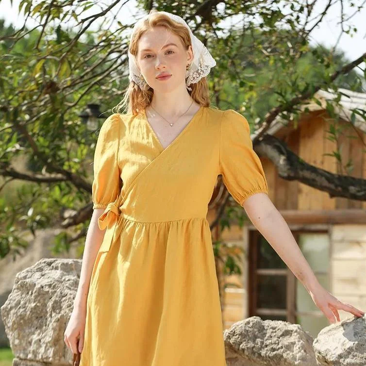 Big Savings long-sleeve floral dressChic Linen Puff Sleeve Mini Dress with Lace-Up Detail