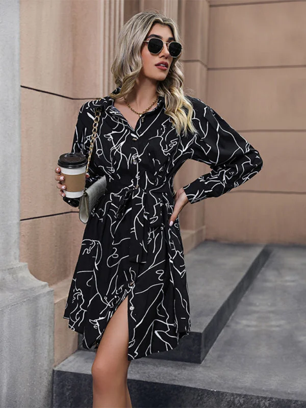 Blowout Deals sleek midi dressNew casual printed shirt long sleeve dress