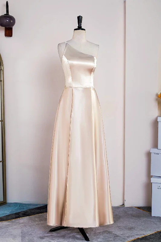 Overstock comfy maxi dressChampagne One Shoulder A-line Satin Tea Length Bridesmaid Dress
