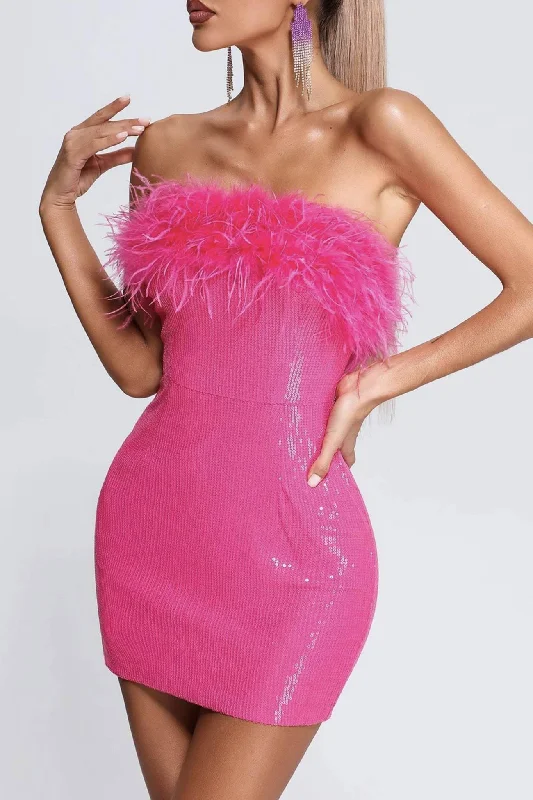 tiered dressFuzzy Strapless Sequins Pack Hip Dress