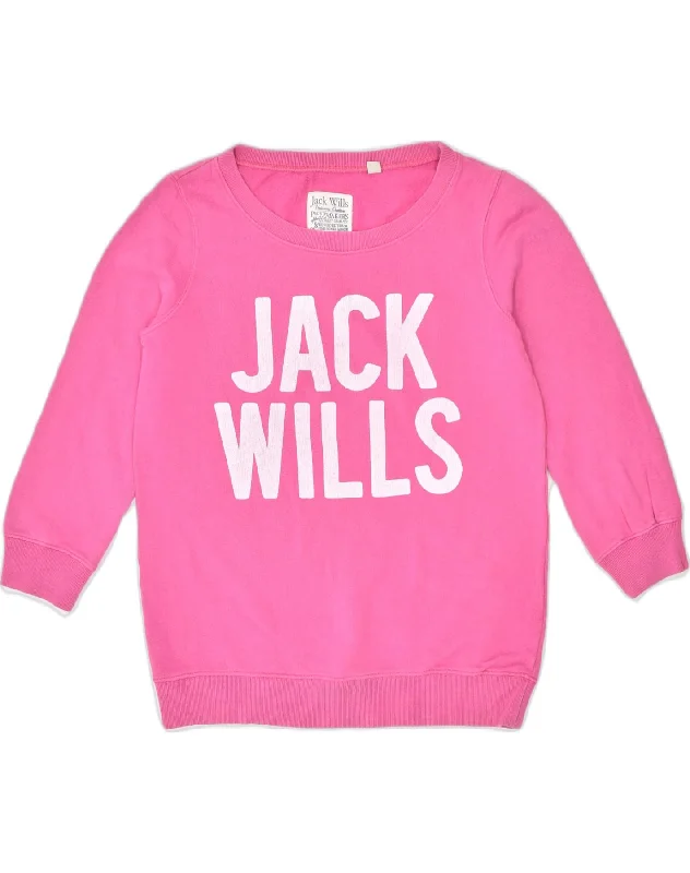 fashionable hoodieJACK WILLS Womens Oversized Graphic Sweatshirt Jumper UK 8 Small Pink