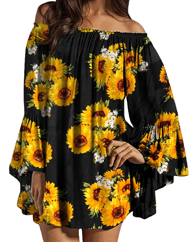 Extra Savings backless dressWomen off Shoulder Floral Print Ruffle Sleeve Blouse Mini Dress