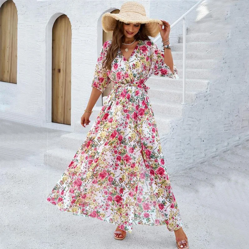 Lowest Prices ruffle dressElegant V-Neck Printed Dress with Cinched Waist