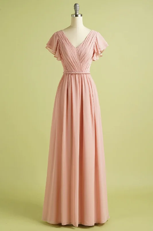 Flash Sale romantic dressV Neck Blush Bridesmaid Dress with Flutter Sleeve