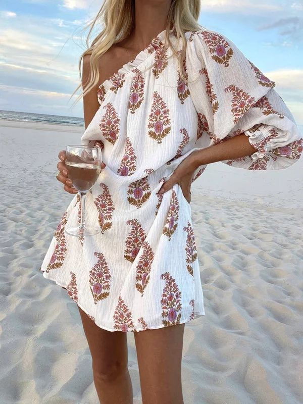 boho dressWomen's new slanted shoulder casual lantern sleeve dress