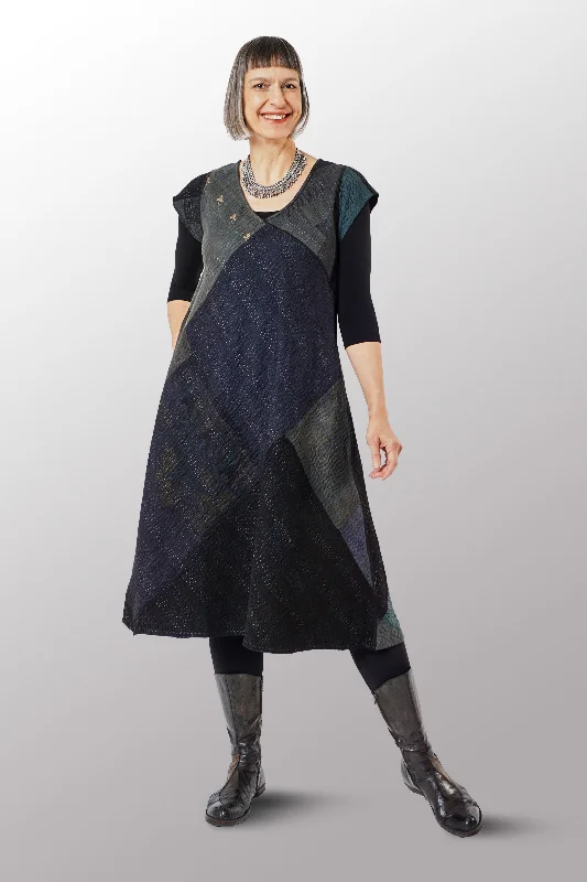 Instant Discount JAIPUR PATCH KANTHA CAP SLV. SEMI FLARE DRESS - jp4452-blk -