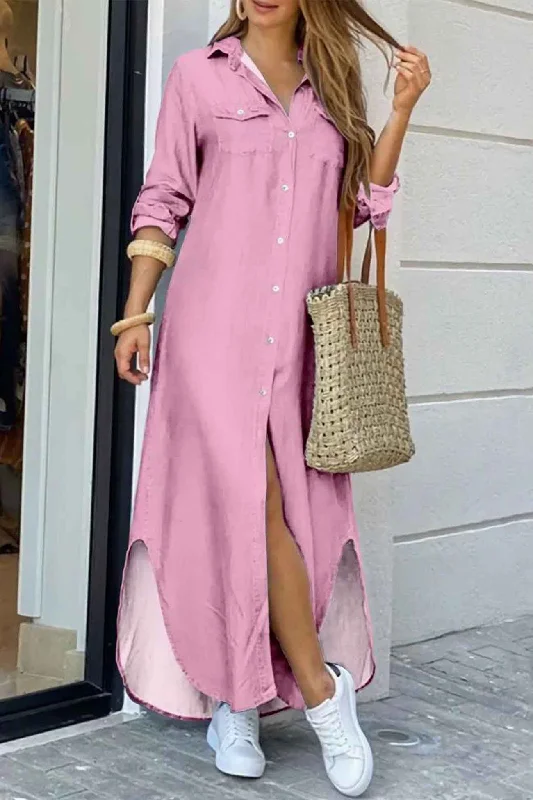 shift dressLong Sleeve Button Up Pocket Shirt Dress