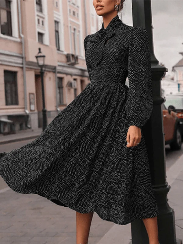 Massive Deals boho dressWomen Vintage Polka Dot Print Knotted Big Swing Casual Long Sleeve Dress